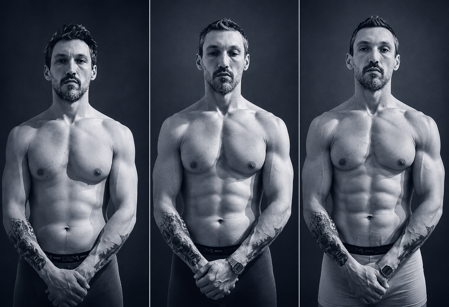 Triptyque montrant l'évolution physique de Nicolas Boreux au fil de son propre parcours sportif
